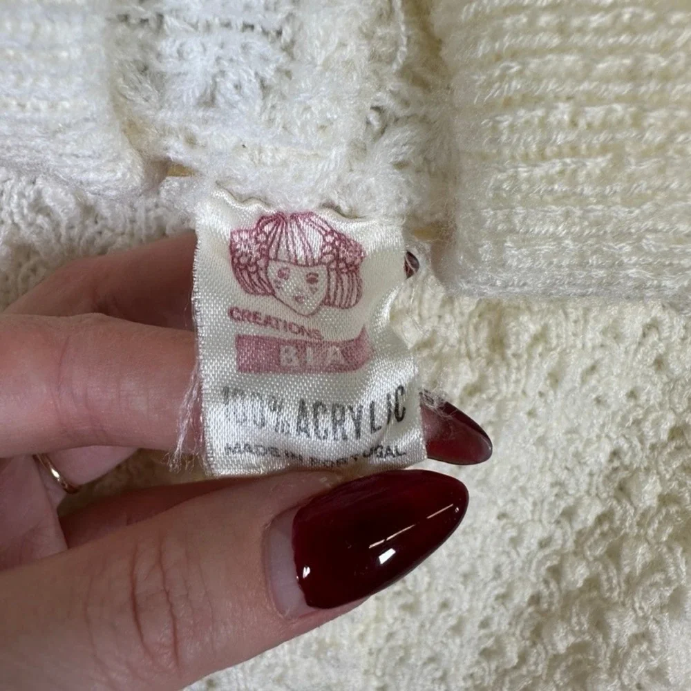 Vintage Handmade Knit Baby Set Ivory Hooded Cardigan & Pants Popcorn Pointelle